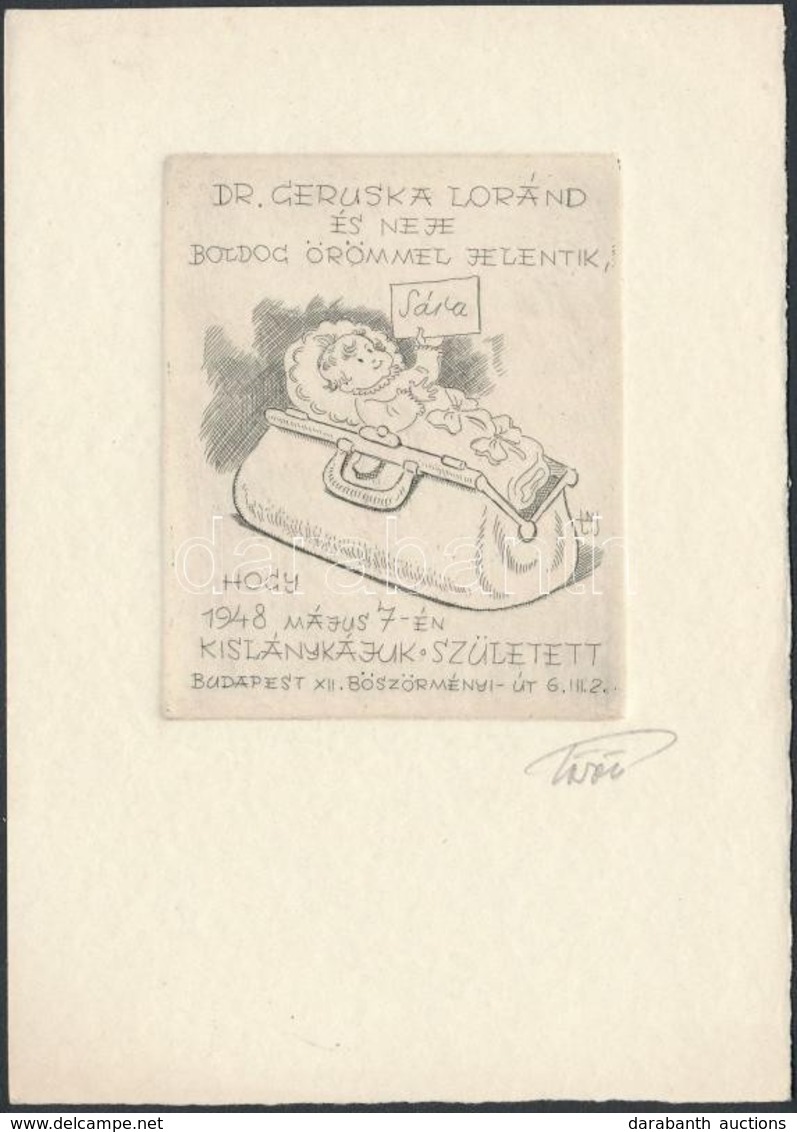 Nemes Török János (1900?-1980): Ex-libris Geruska Loránd, Gyermekáldás. Rézkarc, Papír, Jelzett, 9×7 Cm - Otros & Sin Clasificación