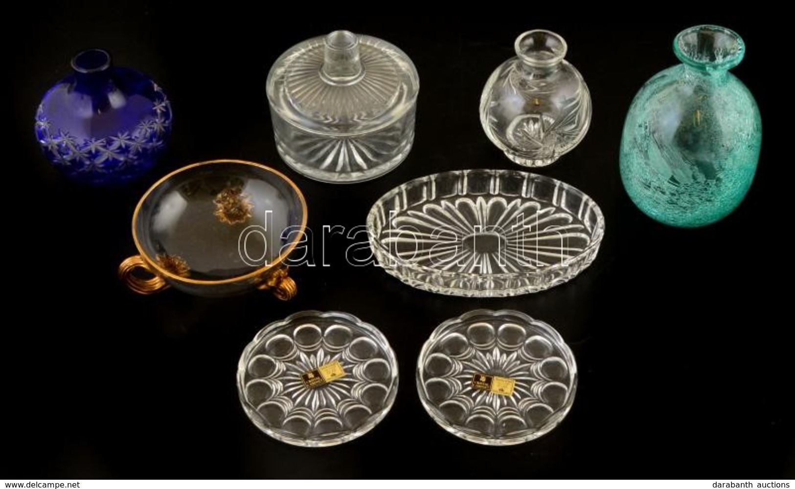 Különféle Kis üveg Tárgyak: Vázak, Tálkák (kettő Jelzett), Bonbonier, Csorba Nélkül, M:7-11 Cm, D:8,5-13×11 Cm összesen: - Vidrio & Cristal