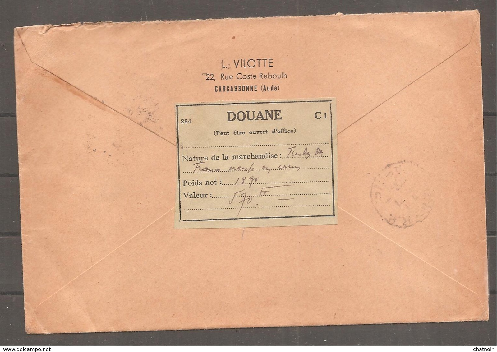 2 F Et 4 F   DULAC Enveloppe  RECOM  Oblit CARCASSONNE  Par Avion  1945  Pour La TUNISIE  Etiquette De Douane - Altri & Non Classificati