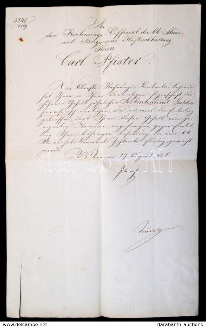 1856 A Budai Német Karl David Pfister (1822-?), A Cs. Kir. Pénzverési- és Bányászati Udvari Könyvelés Számvevőtisztje Ré - Sin Clasificación