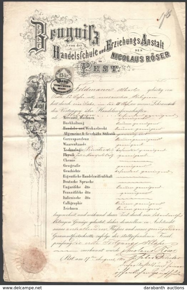 1860 Pest, Nicolaus Röser Kereskedelmi Iskolájának Fejléces Bizonyítványa Okmánybélyeggel - Unclassified