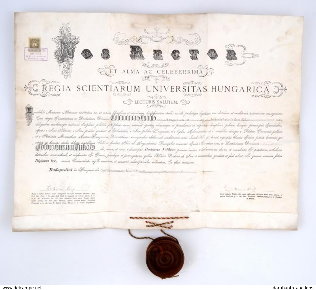 1906 Államtudományi Doktori Diploma. Láng Lajos Báró és Király János Aláírásával. Pergamenen, Viaszpecséttel - Unclassified