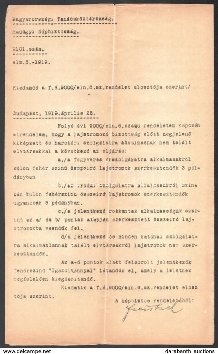 1919 Tanácsköztársaság Hadügyi Népbiztosság 5 Db Parancs és Okmány. - Sin Clasificación