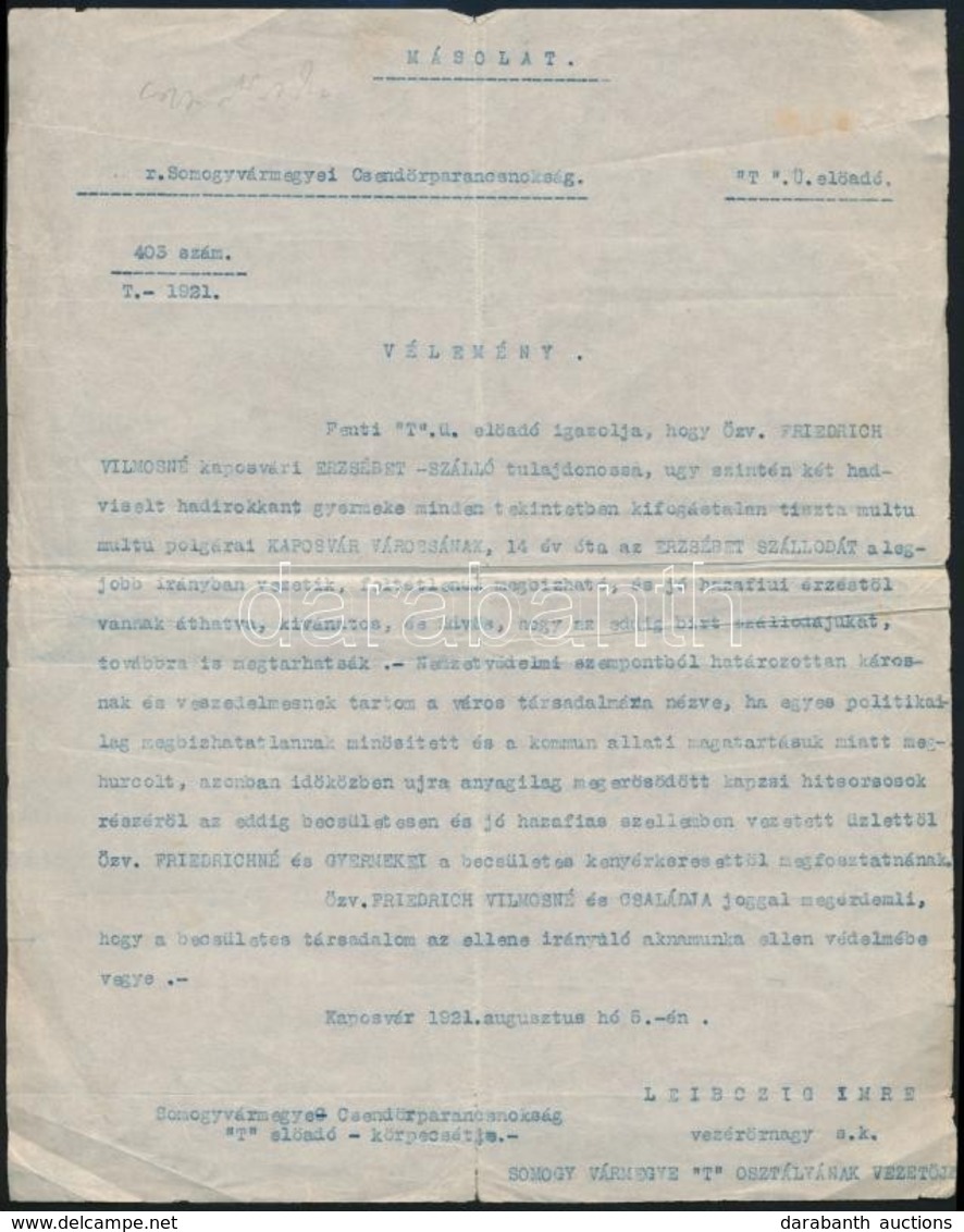 1921 Kaposvár, A Somogy Vármegyei Csendőrparancsnokság Igazolása özv. Friedrich Vilmosné és Családja Részére Szállodájuk - Sin Clasificación