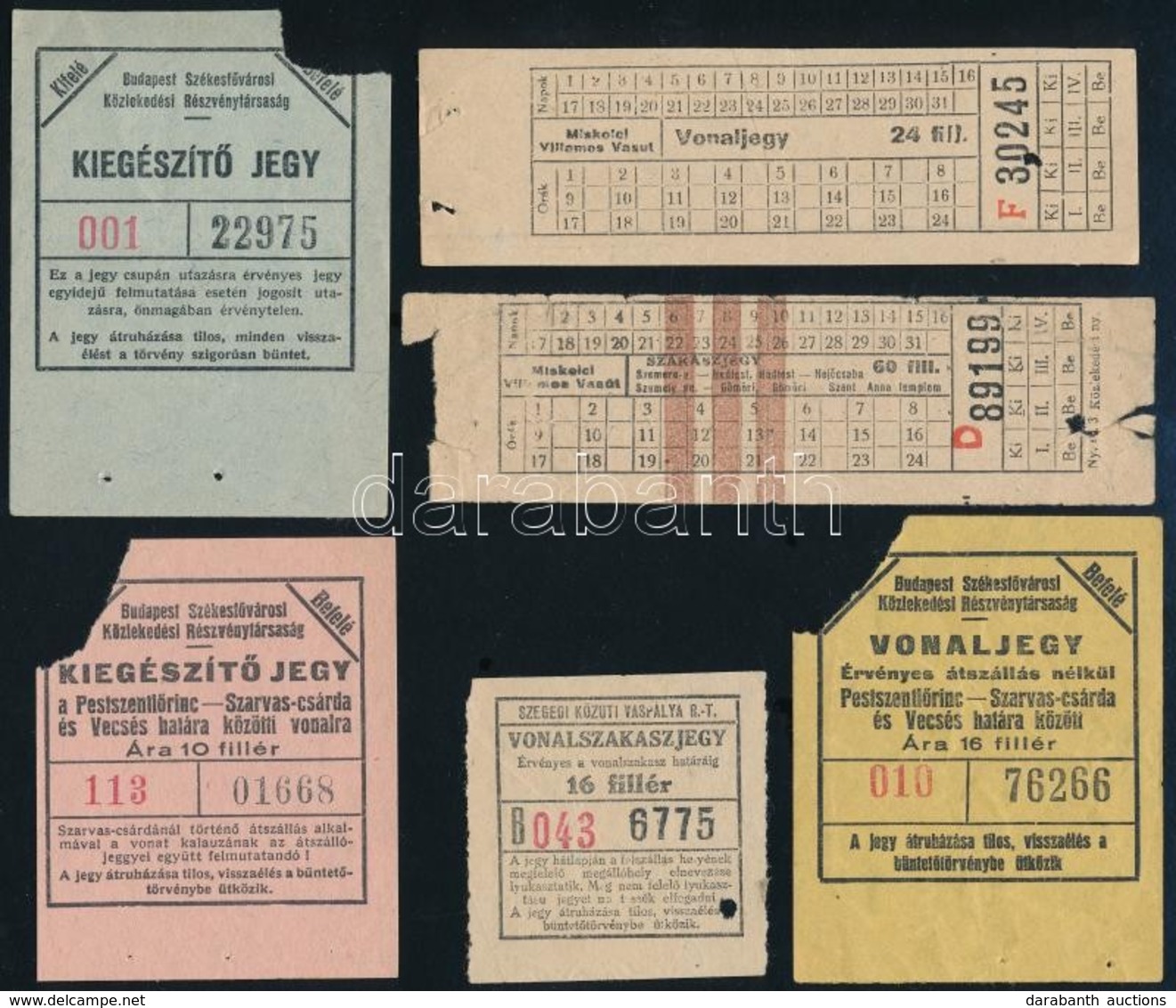 Cca 1940 6 Db Különböző Villamosjegy Vidéki Városokból - Sin Clasificación