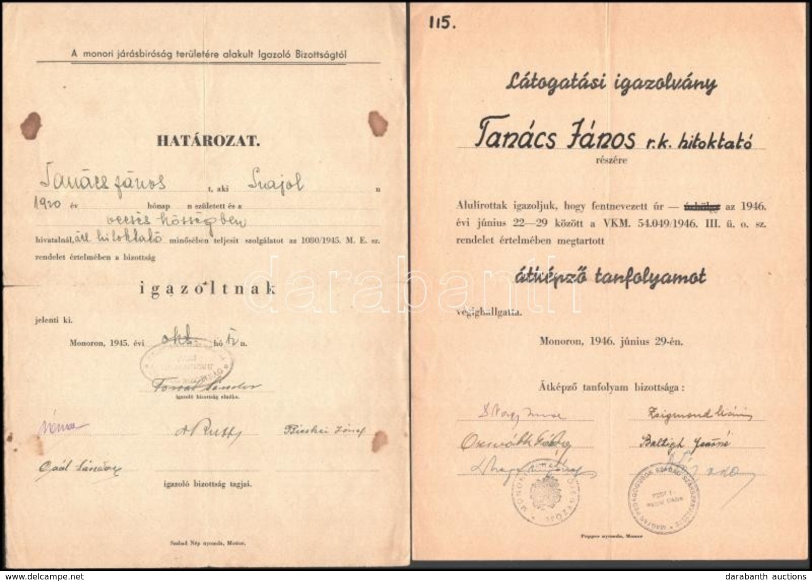 1945-1946 Hitoktató Igazolásai, 2 Db - Sin Clasificación