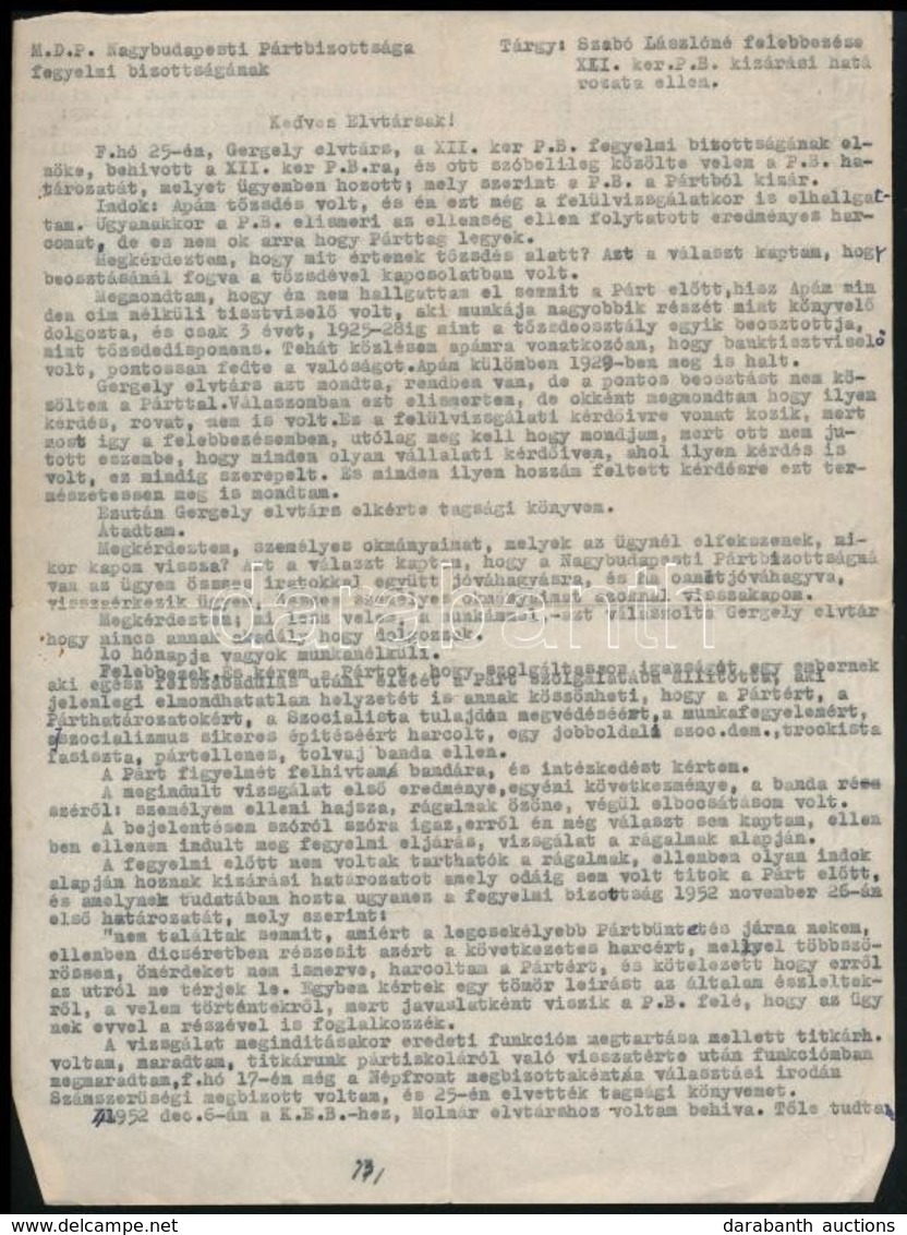 1953 Fellebbezés Az MDP-ből Való Kizárás Ellen - Sin Clasificación