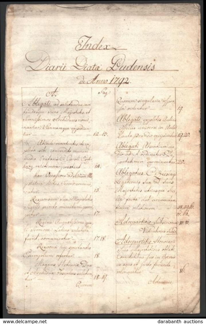 1792 A Budai Országgyűlés Jegyzőkönyveinek A Mutatója Kézzel írva Latin Nyelven, 14 P. - Sin Clasificación