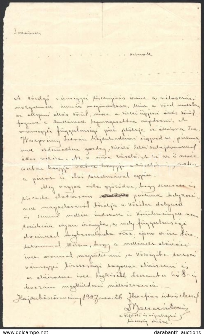 1907 Baltazár Dezső (1871-1936) Református Lelkész, A Tiszántúli Református Egyházkerületi Püspök Levelének Kézzel írt,  - Sin Clasificación