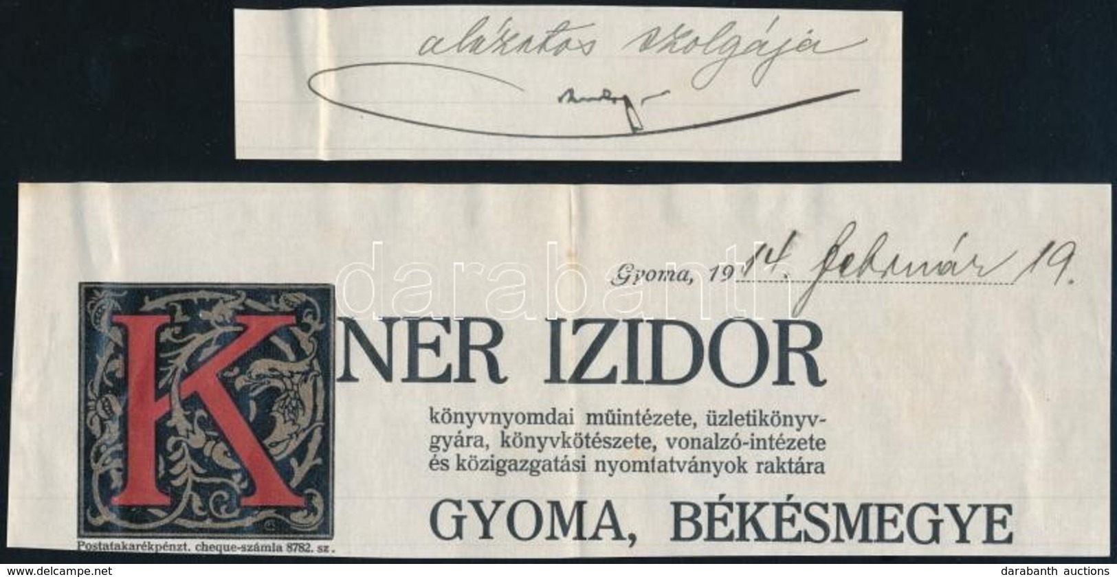 1914 Kner Izidor Aláírása és Számla Fejléce - Other & Unclassified