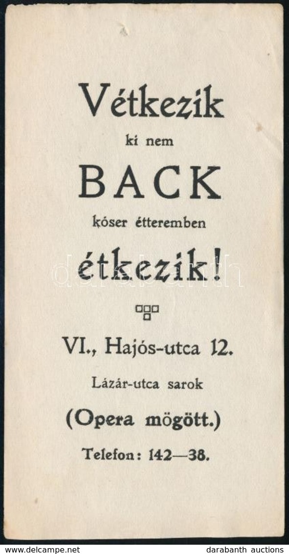 'Vétkezik, Ki Nem A Back Kóser étteremben étkezik!' Számolócédula - Other & Unclassified