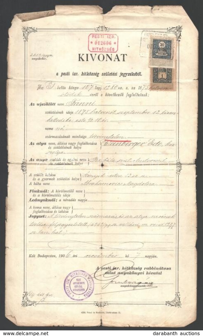 Cca 1910 2 Db Judaika Okmány. Kivonat. - Other & Unclassified