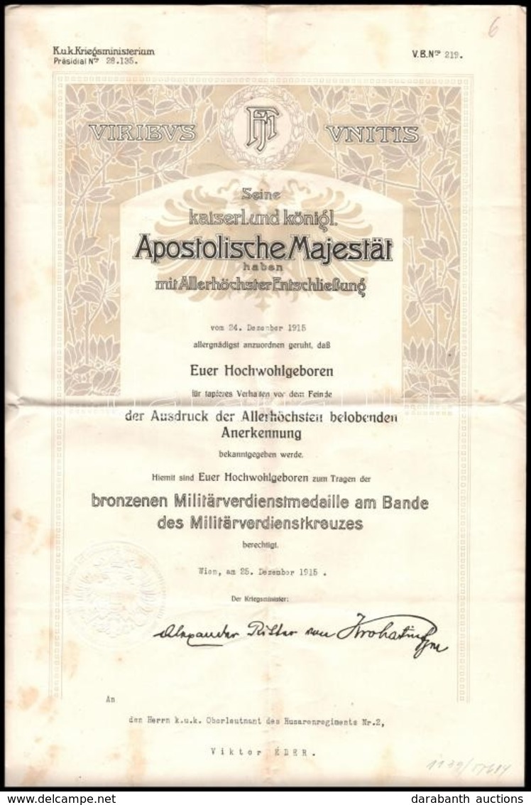 1915 Bronz Katonai Érdemérem Adományozólevele, Éder Győző (1890-1980) Cs. és Kir. Huszár Főhadnagy, A Brassói Cs. és Kir - Otros & Sin Clasificación