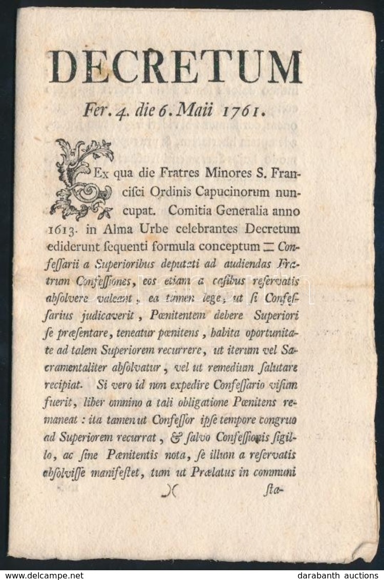 1761 Róma, F. Paulus A Colindres Latin Nyelvű Nyomtatott Határozata Egyházi Rendbe Való Beiktatásról, Kézírásos Bejegyzé - Unclassified