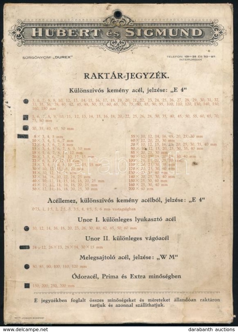 Cca 1910 Hubert és Sigmund Acél és Fémárugyár Rt. 'Durex' Raktár-jegyzéke, Bp., Posner, Kétoldalas Kartonlap, Kopott, Fo - Unclassified