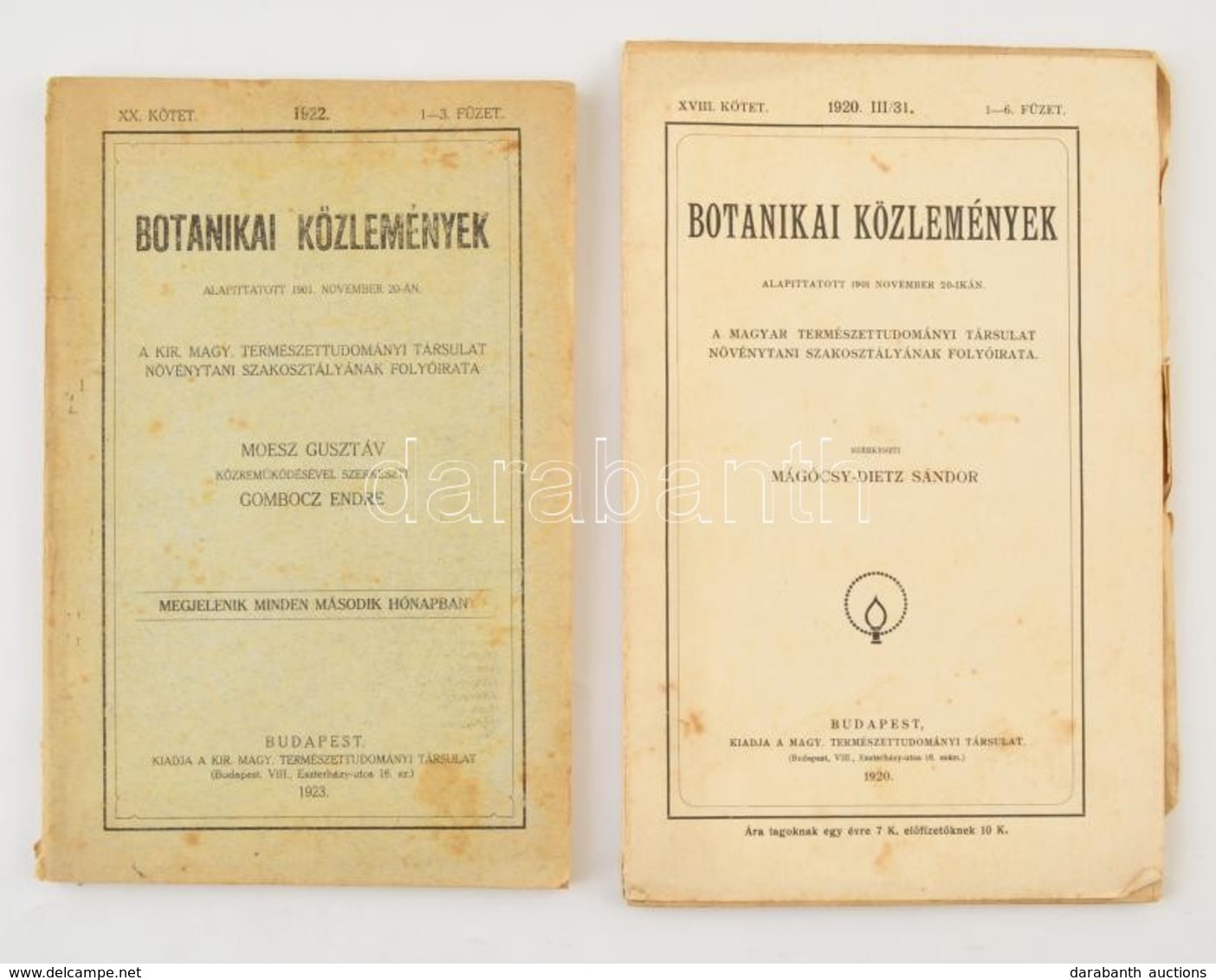 1920-1922 Botanikai Közlemények XVIII. Köt. 1-6. Füz., XX. 1-3. Füzet. Papírkötésben, Foltos Borítóval. Az Egyik Példány - Sin Clasificación