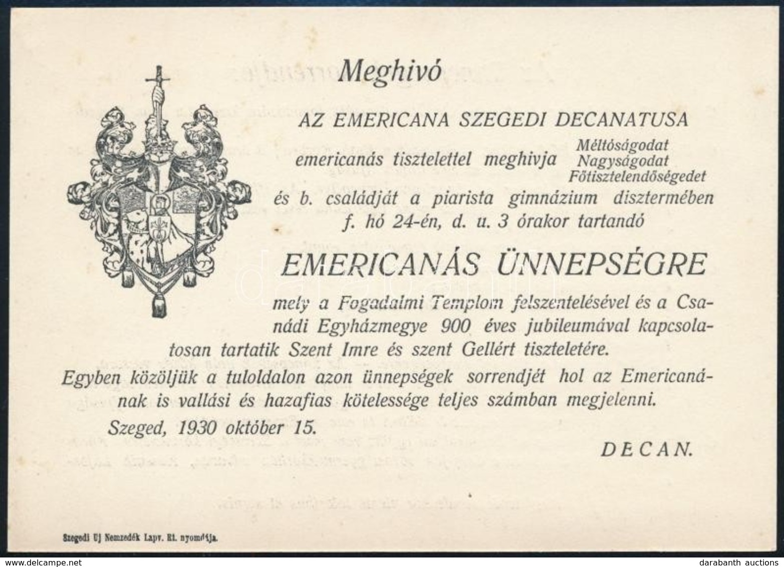 1930 Szeged, Meghívó Emericanás ünnepségre - Sin Clasificación