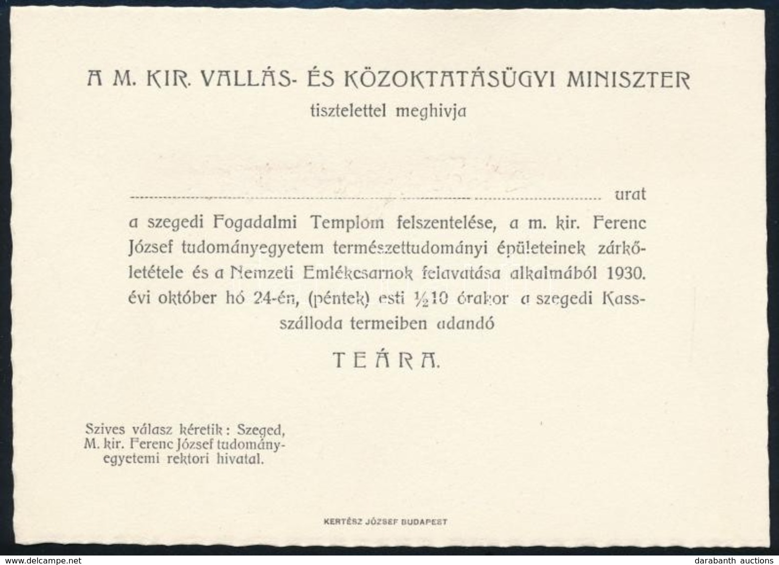 1930 Miniszteri Meghívók, Belépők A Szegedi Fogadalmi-templom Felszentelésére, Boríték, 9 Db Belépő, Menükártya - Sin Clasificación