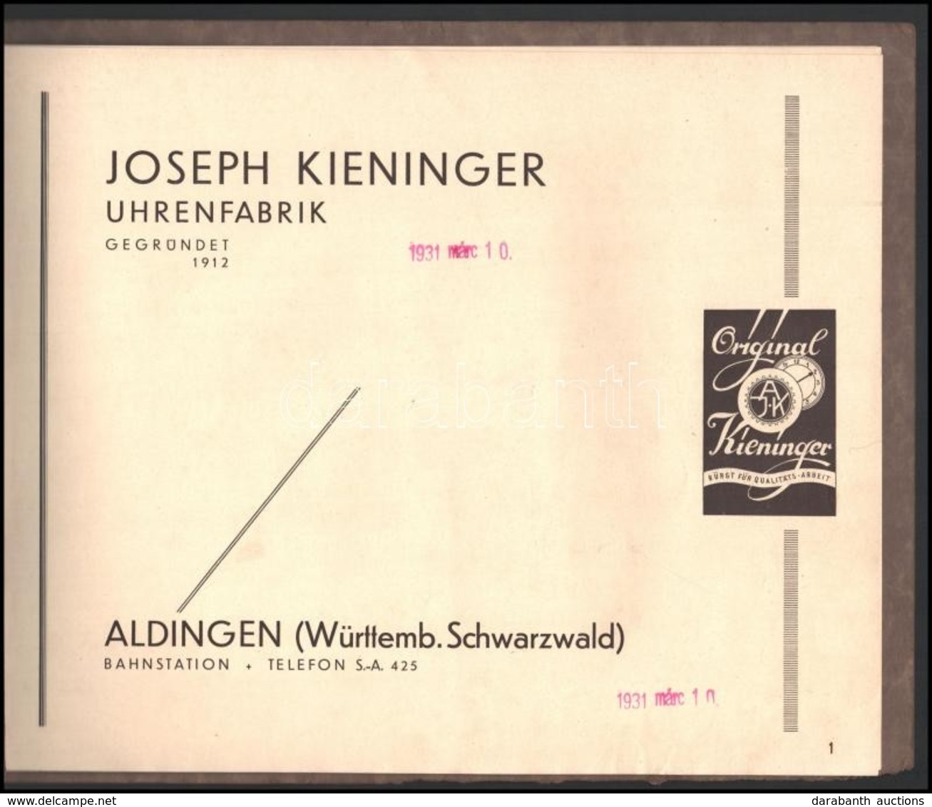 1931 Aldingen, Németország, Joseph Kieninger Uhrenfabrik (óragyár) Német Nyelvű Falióra Katalógusa, Jó állapotban, 15p - Sin Clasificación