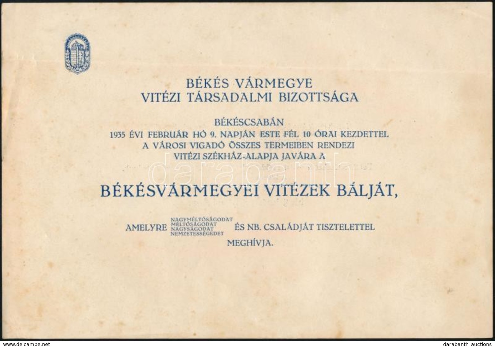 1935 Békés Vármegyei Vitézi Társadalmi Bizottság Meghívója A Vitézi Bálra - Sin Clasificación