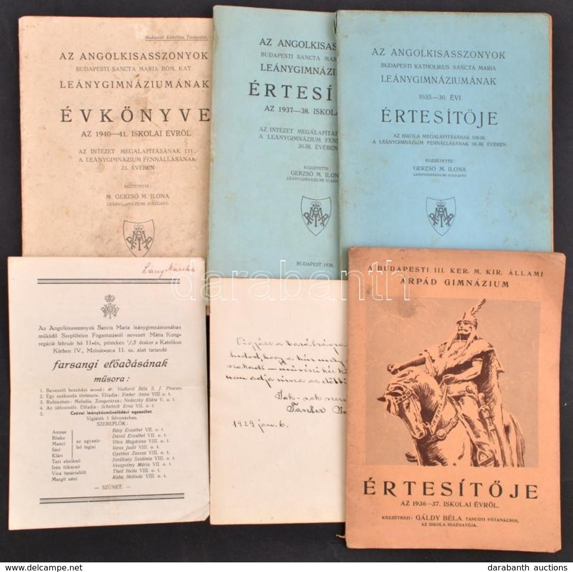 1936-1941 4 Db Iskolai értesítő: Angolkisasszonyok Budapesti Katholikus Sancta Maria Leánygimnáziumának 1935-1936, 1937- - Sin Clasificación