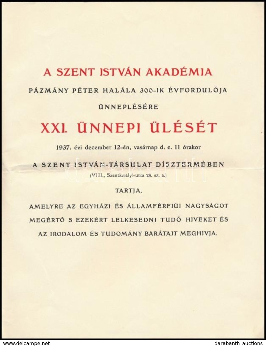 1937 Meghívó A Szent István Akadémia XXI. ünnepi ülésére - Sin Clasificación