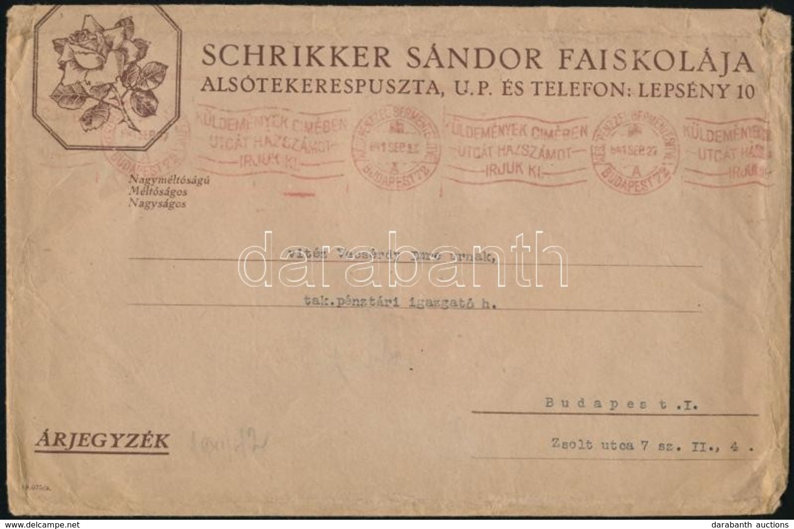 1941 Schrikker Sándor Faiskolája Alsótekerespuszta Fejléces Reklámboríték - Sin Clasificación