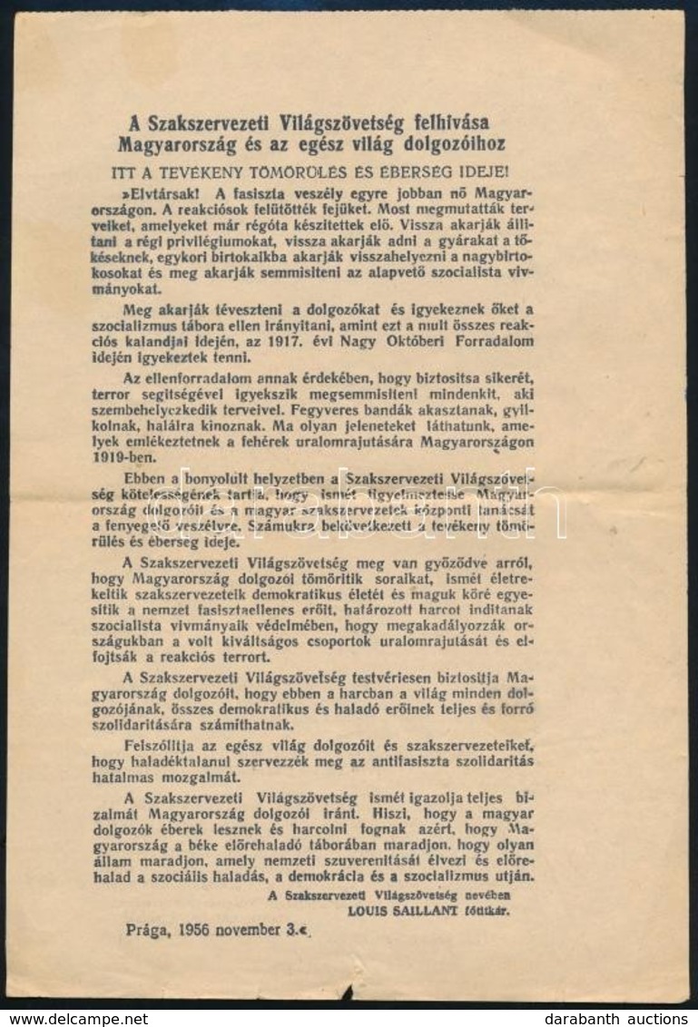 1956 Prága, Szakszervezeti Világszövetség Felhívása Magyarország és Az Egész Világ Dolgozóihoz, 1956. Nov. 3., Benne A F - Unclassified