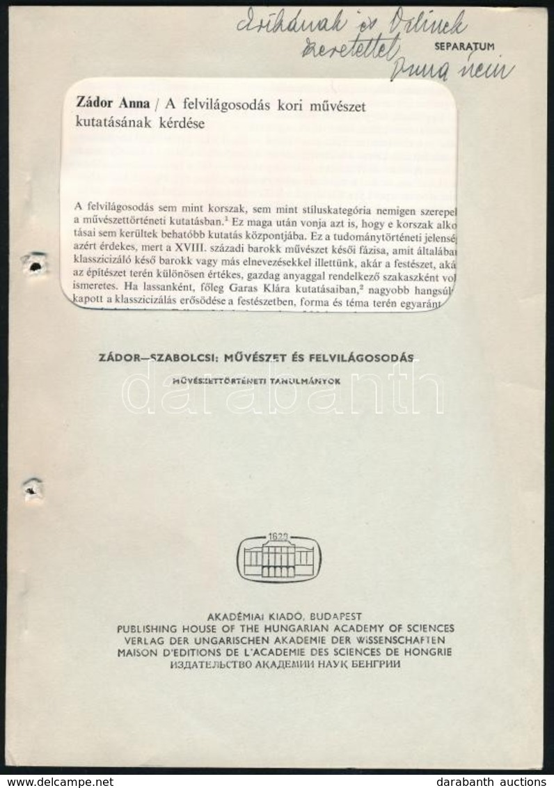 Cca 1960 Zádor Anna: A Felvilágosodás Kori Művészet Kutatásának Kérdése. Dedikált Különlenyomat. - Unclassified