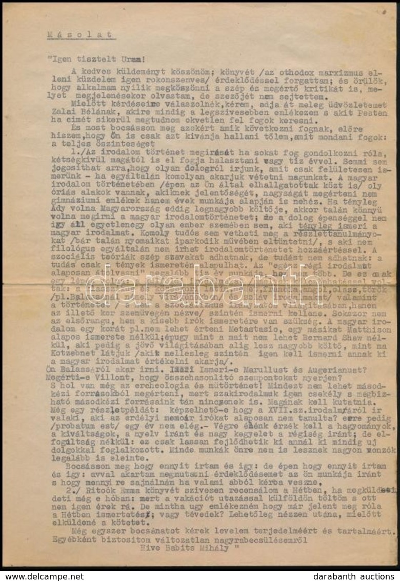 Cca 1963 Babits Mihály Kepes Ernő (1884-1931) Közgazdasági íróhoz 1909-ben írott Levelének Gépelt Másolata - Sin Clasificación