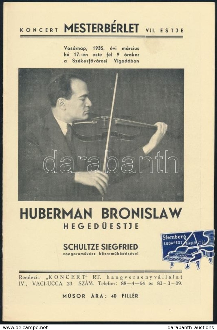 1935 Huberman Bronislaw Hegedűestje, Siegfried Schultze Közreműködésével, 14p - Other & Unclassified