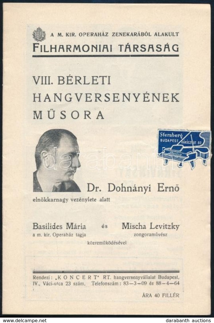 1933 A Filharmóniai Társaság VIII. Bérleti Hangversenyének Műsora, Dr. Dohnányi Ernő, Basilides Mária, Mischa Levitzky R - Other & Unclassified
