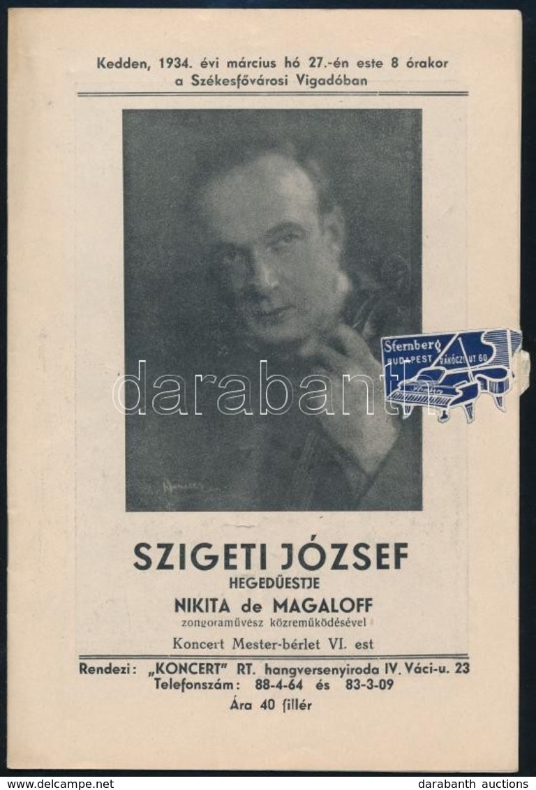 1934 Szigeti József Hegedűestje Nikita De Magaloff Közreműködésével, Műsorfüzet, 15p - Other & Unclassified