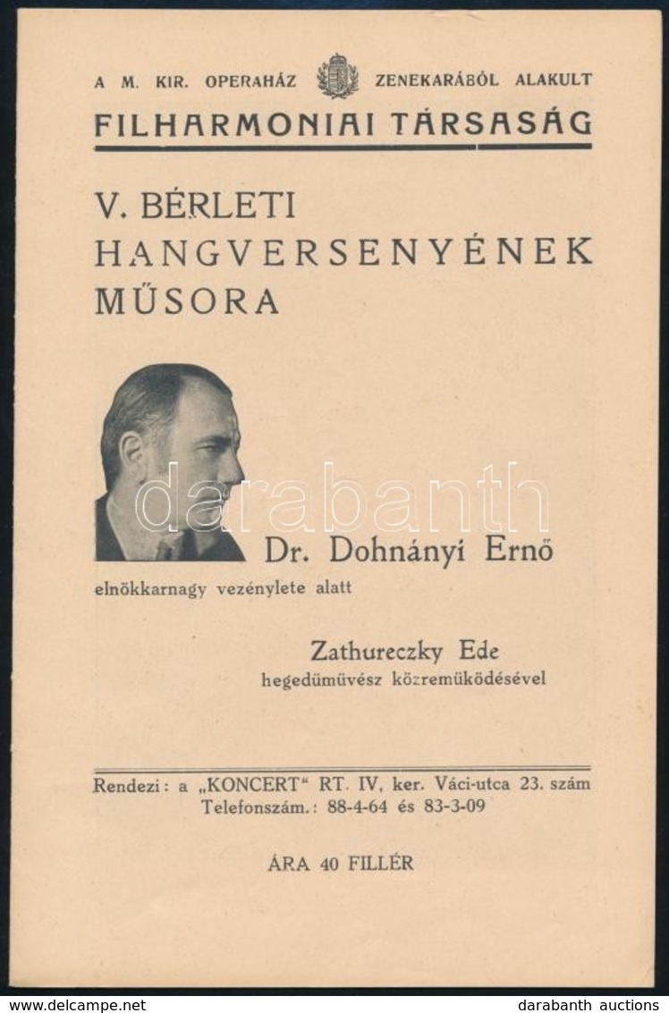 1934 A Filharmóniai Társaság V. Bérleti Hangversenyének Műsora, Dr. Dohnányi Ernő és Zathureczky Ede Közreműködésével, 1 - Other & Unclassified