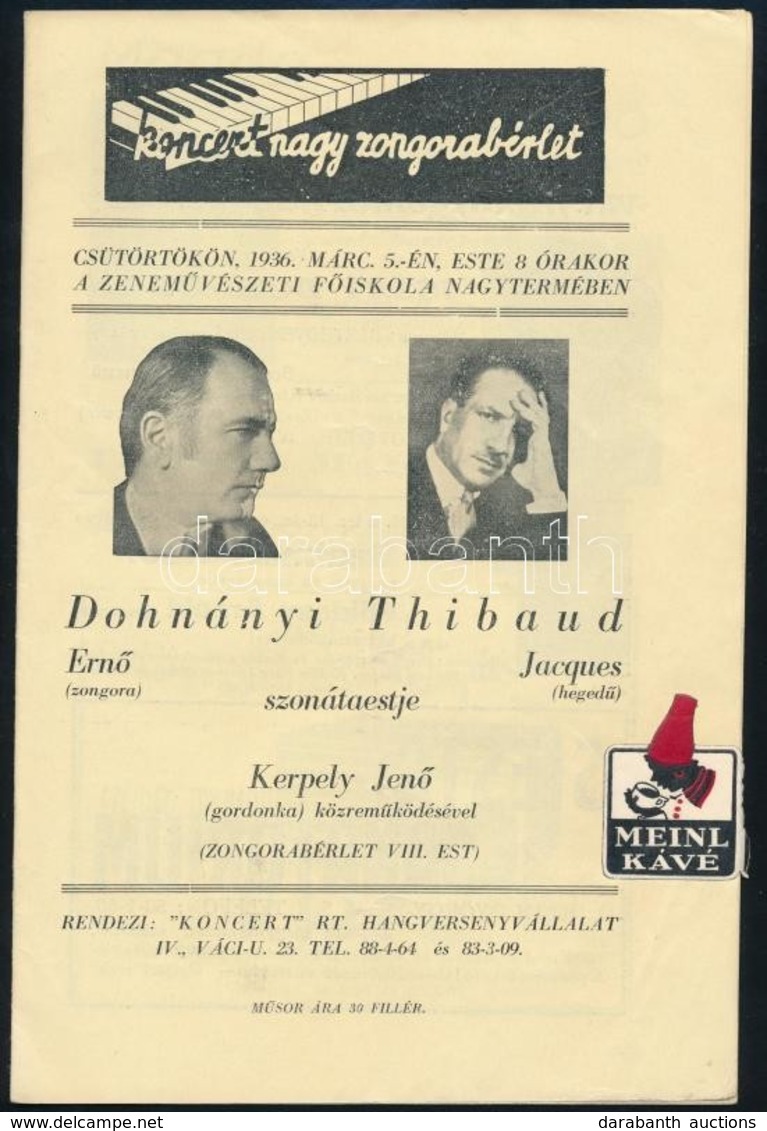 1936 Dohnányi Ernő és Jacques Thibaud Szonátaestje, Kerpely Jenő Közreműködésével, 11p - Other & Unclassified