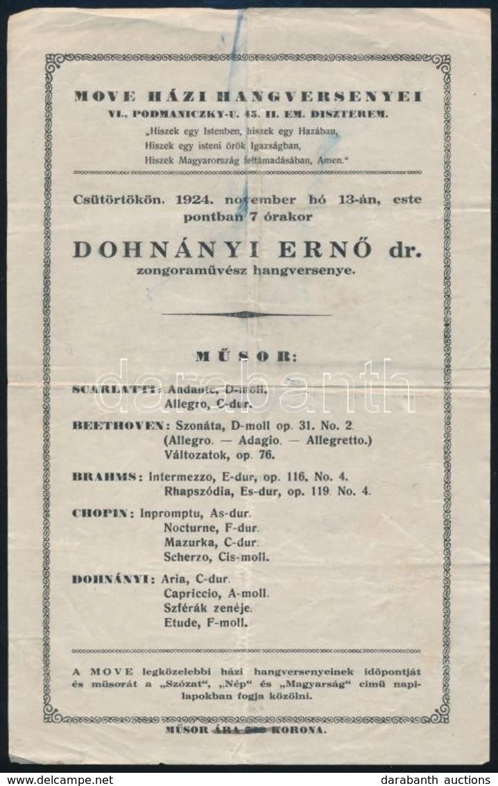 1924-1936 6 Db Koncertműsorlap (Dohnányi Ernő, Basiliedes Mária, Huberman, Szigeti, Csuka BÉla, Láng Erzsébet) - Other & Unclassified