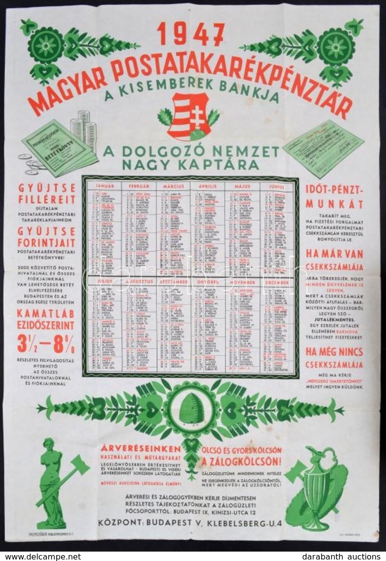 1947 Magyar Postatakarékpénztár Naptáros Reklám Plakát. Az Elnöknek Küldve, Noymtatványként 62x86 Cm - Otros & Sin Clasificación