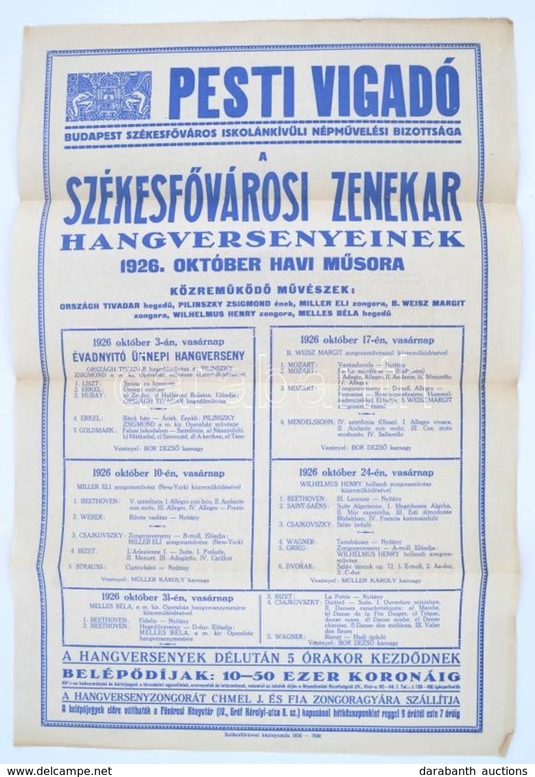 1926 A Székesfővárosi Zenekar Hangversenyeinek Október Havi Műsora A Pesti Vigadóban, Hirdetmény, Hajtott, 47×32 Cm - Otros & Sin Clasificación