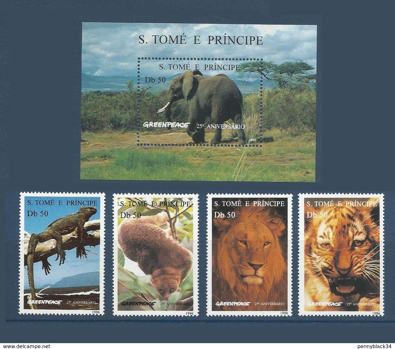 Saint Thomas SAO TOME AND PRINCIPE 1996 Yv.1264CQ/1264CT ** + Bloc 163AC ** Greenpeace Lion Tiger Iguane  Tigre Elephant - Sao Tome And Principe