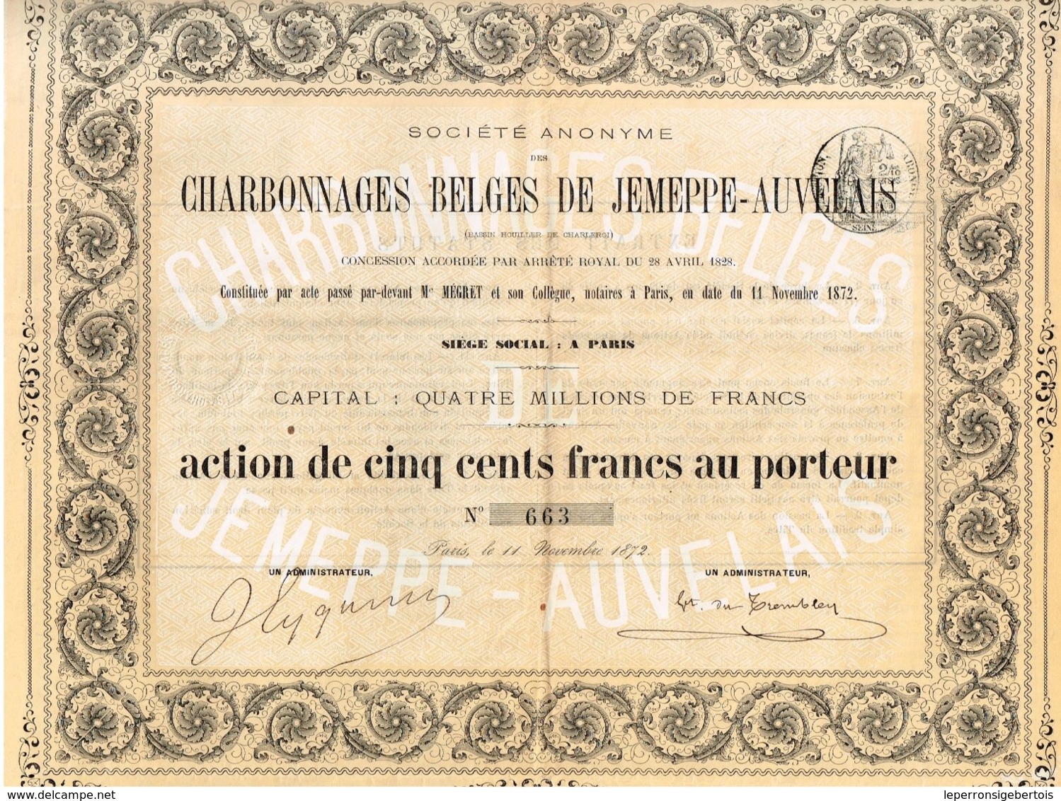 Titre Ancien - Société Anonyme Des Charbonnages Belges De Jemeppe-Auvelais -  Titre De 1872 - V.F. - Mijnen