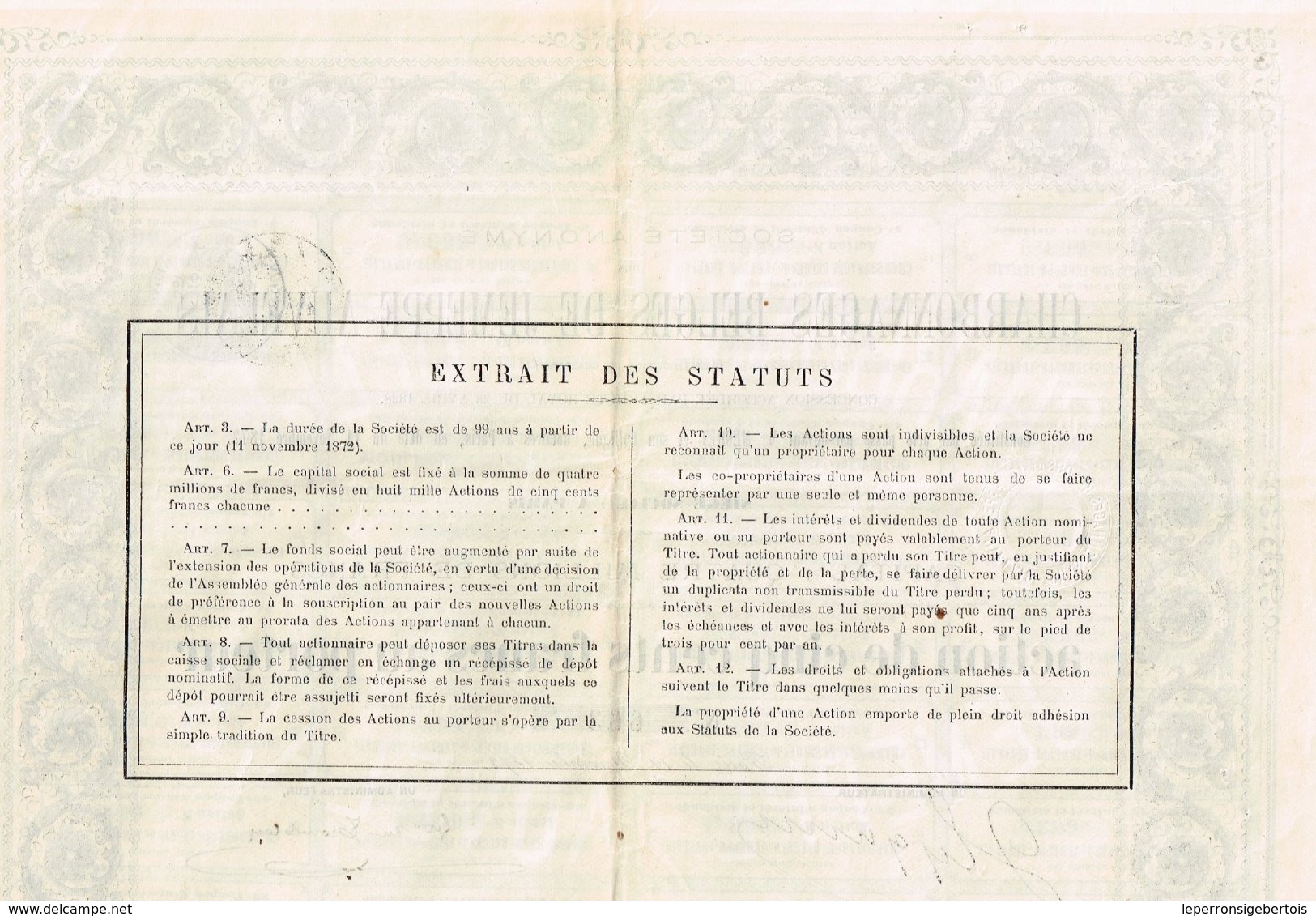 Titre Ancien - Société Anonyme Des Charbonnages Belges De Jemeppe-Auvelais -  Titre De 1872 - V.F. - Mijnen