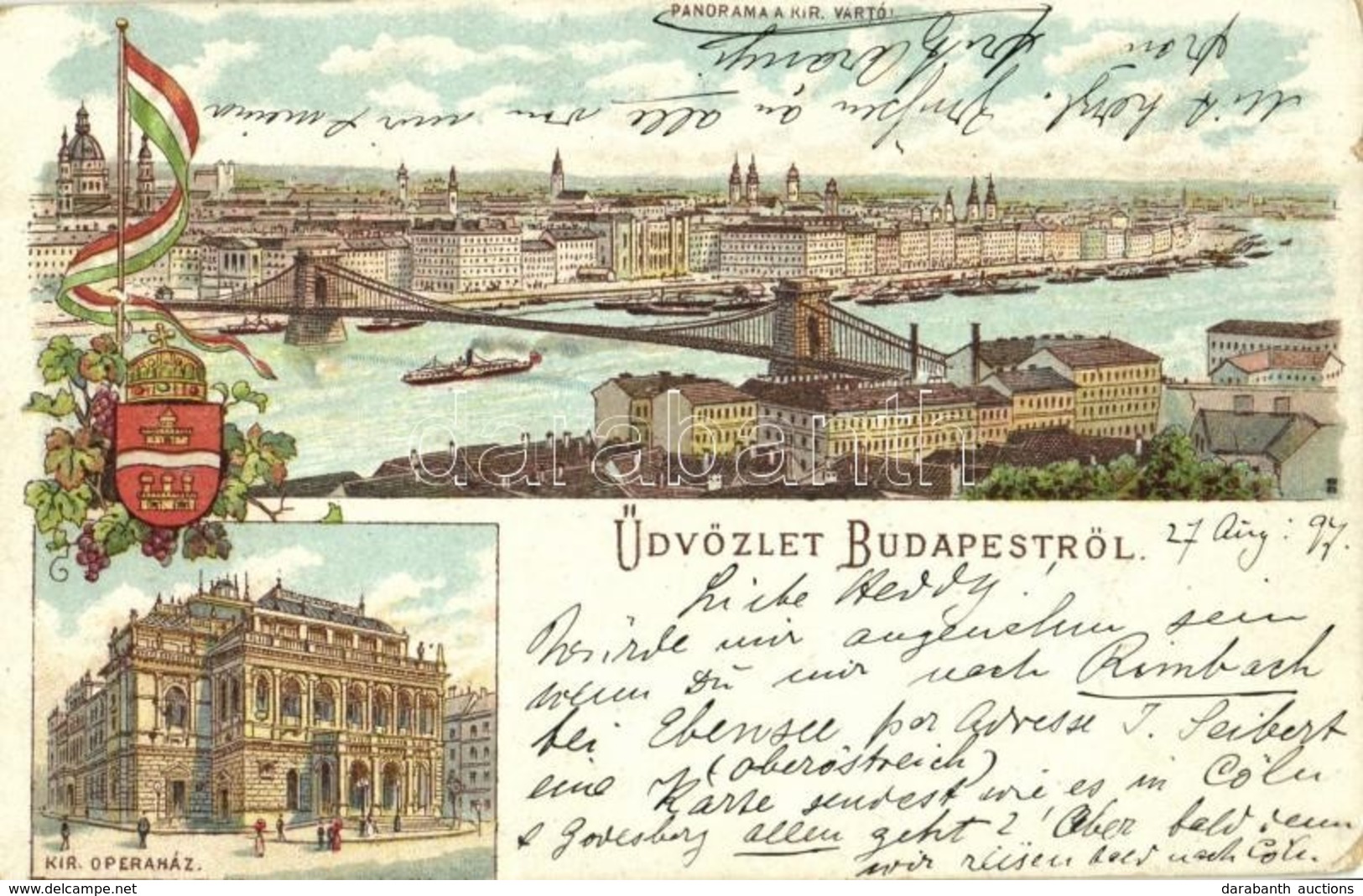 T4 1897 (Vorläufer!!) Budapest, Panoráma A Királyi Vártól, Kir. Opera, Lánchíd, Magyar Zászló és Budapest Címere. Art No - Unclassified