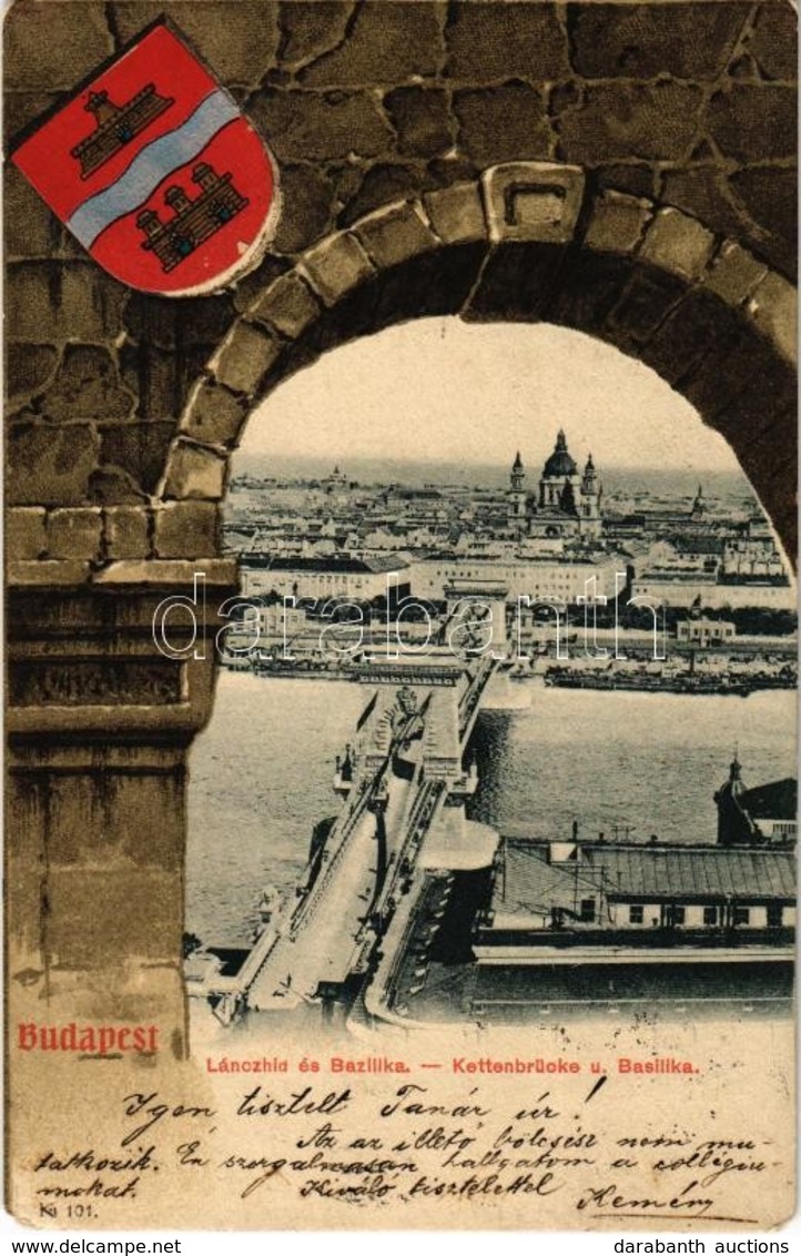 T3 1902 Budapest, Lánchíd és Bazilika. Címeres Szecessziós Litho Keret / Art Nouveau Litho Frame With Coat Of Arms (kis  - Sin Clasificación