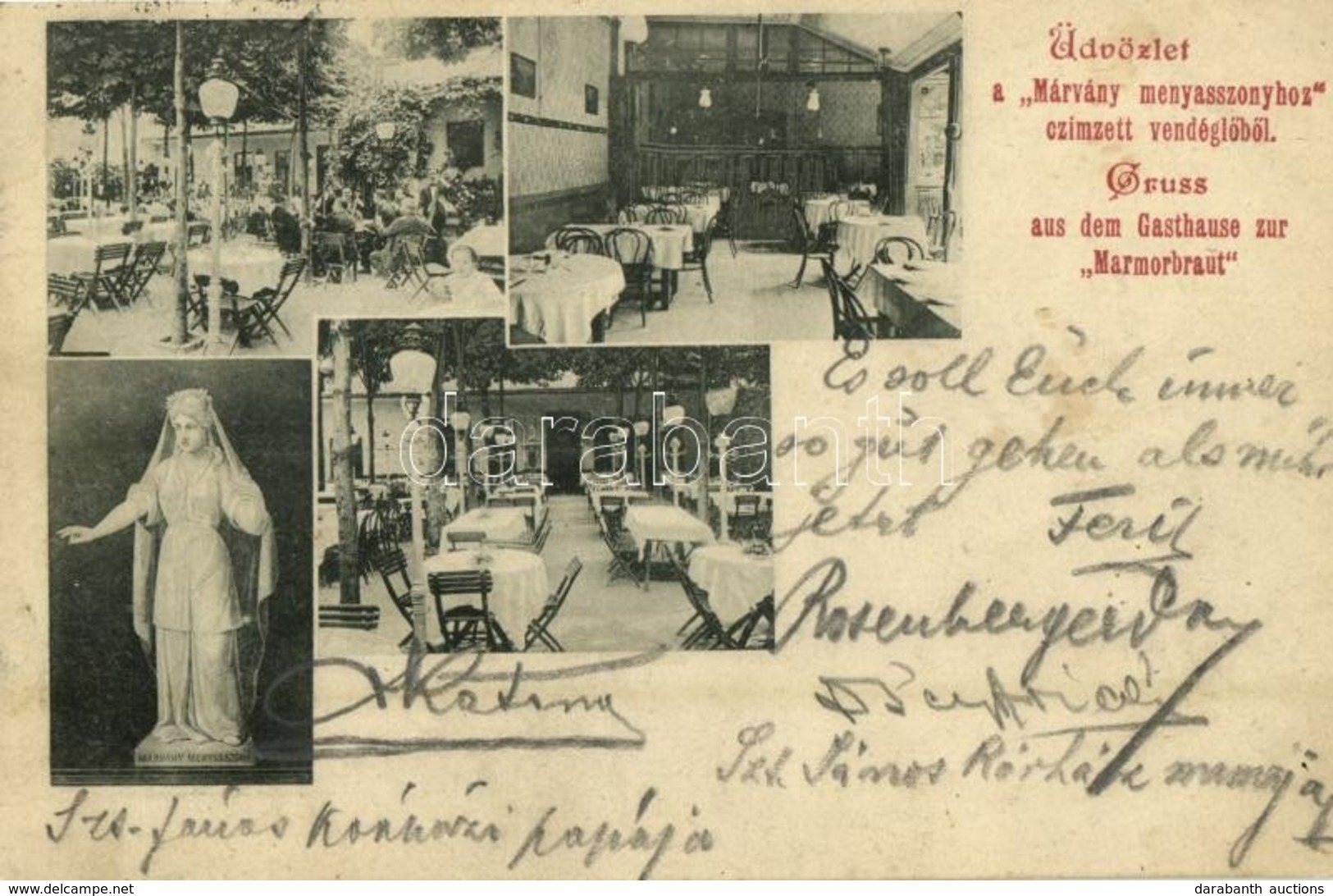 T2 1901 Budapest I. Üdvözlet A 'Márvány Menyasszonyhoz' Címzett Vendéglőből, étterem Belső, Kert Vendégekkel - Sin Clasificación