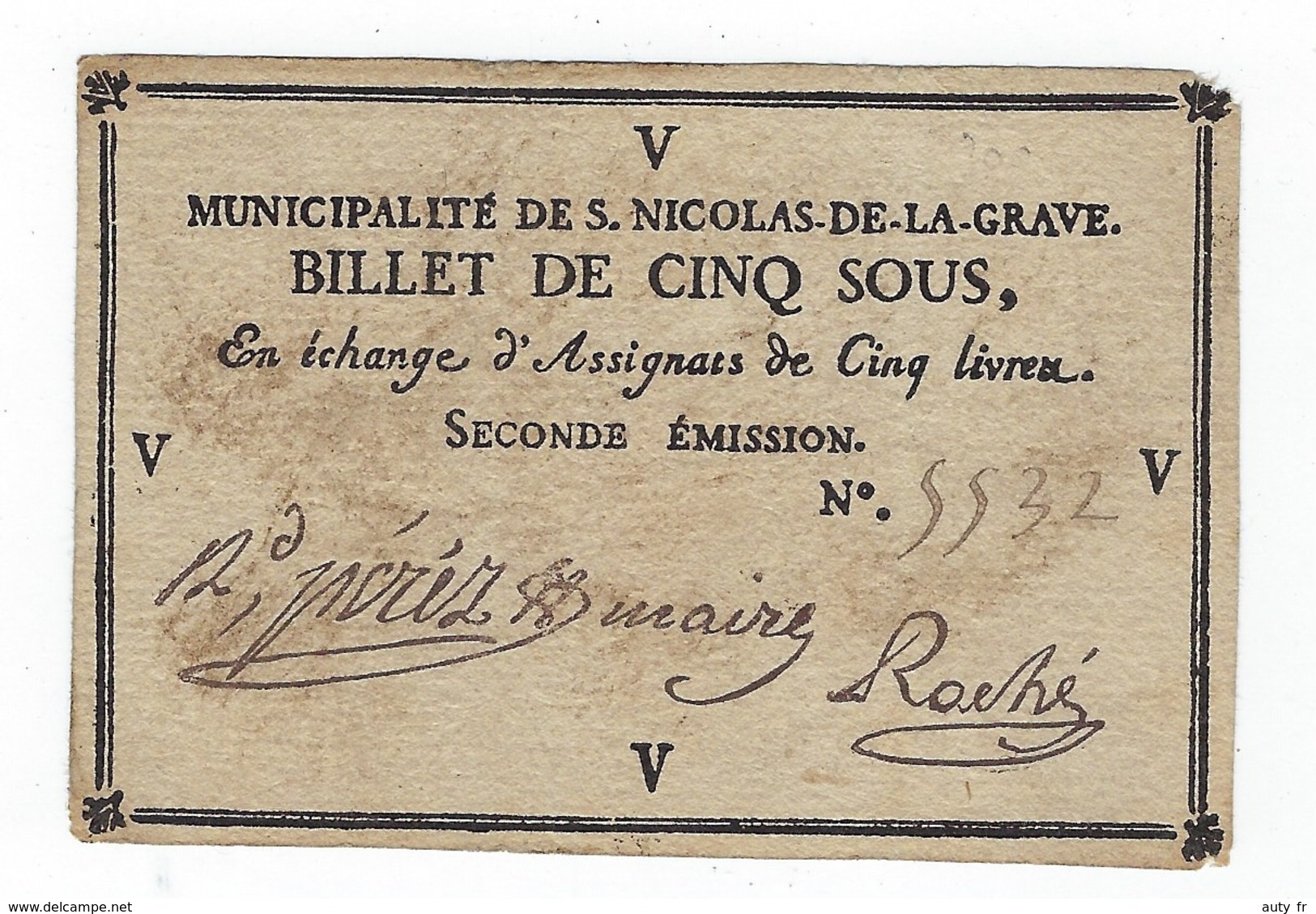 Billet De Confiance De Cinq Sous  -  ST. NICOLAS DE LA GRAVE - Assignate