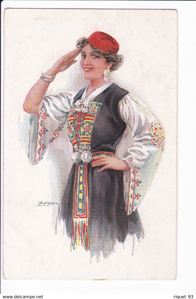 Femme Saluant En Costume Bulgare (dessin Signé USABA) - Costumes