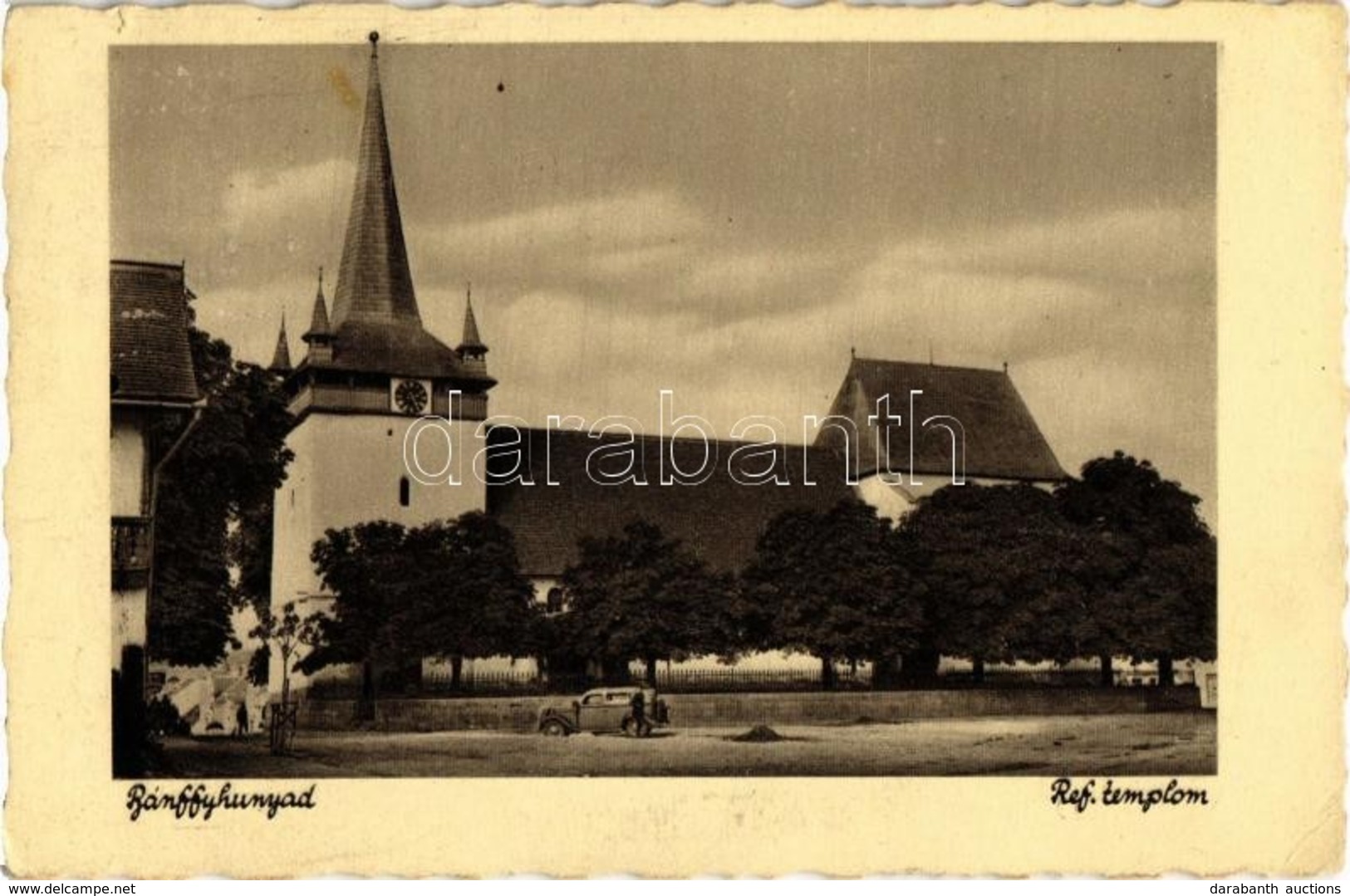 * T2/T3 Bánffyhunyad, Huedin; Református Templom, Automobil. Kiadja Ábrahám / Calvinist Church, Automobile (EK) - Ohne Zuordnung