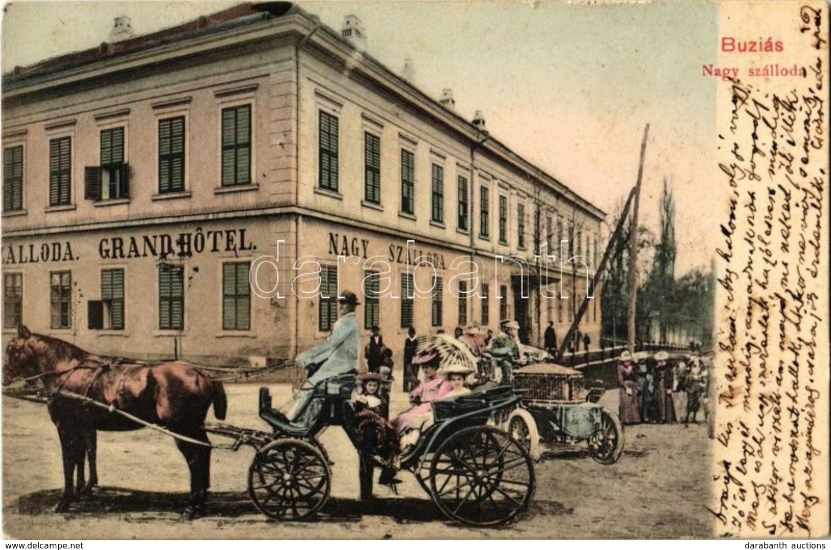 T2 1906 Buziásfürdő, Buziás; Nagy Szálloda. Montázslap Automobillal, Fiákerrel és Előkelő Hölgyekkel / Grand Hotel. Mont - Sin Clasificación