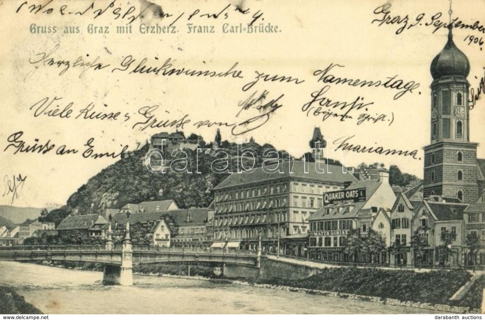 T2 1906 Graz, Erzherzog Franz Carl Brücke / Bridge, 'Quaker Oats' Advertisement, Shops - Sin Clasificación