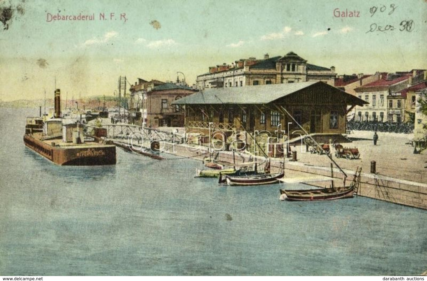 T2/T3 1909 Galati, Galatz; Debarcaderul N. F. R. / Pier, Port, Steamship, Boats. Ed. Anton Pappadopol (kis Szakadás / Sm - Sin Clasificación